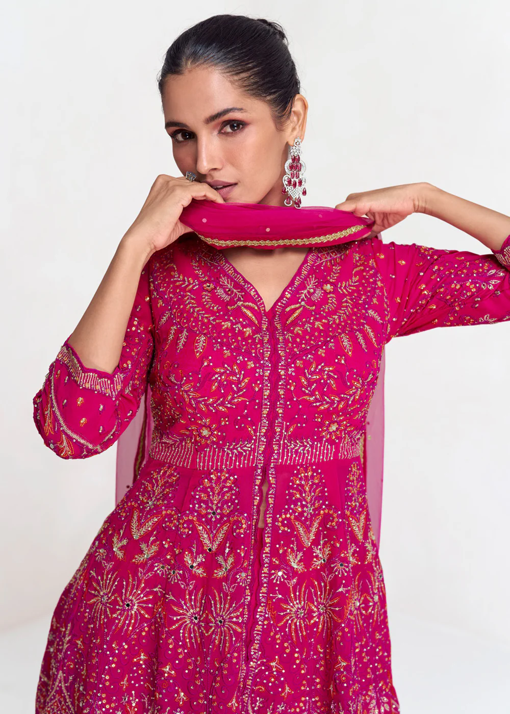 Rani Pink Designer Embroidered Wedding Sharara Suit - Image 2