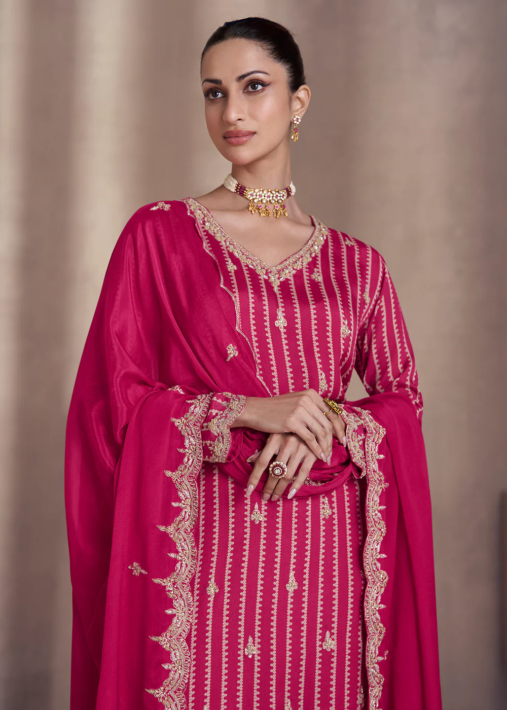 Rani Pink Embroidered Chinnon Silk Designer Sharara Suit - Image 2