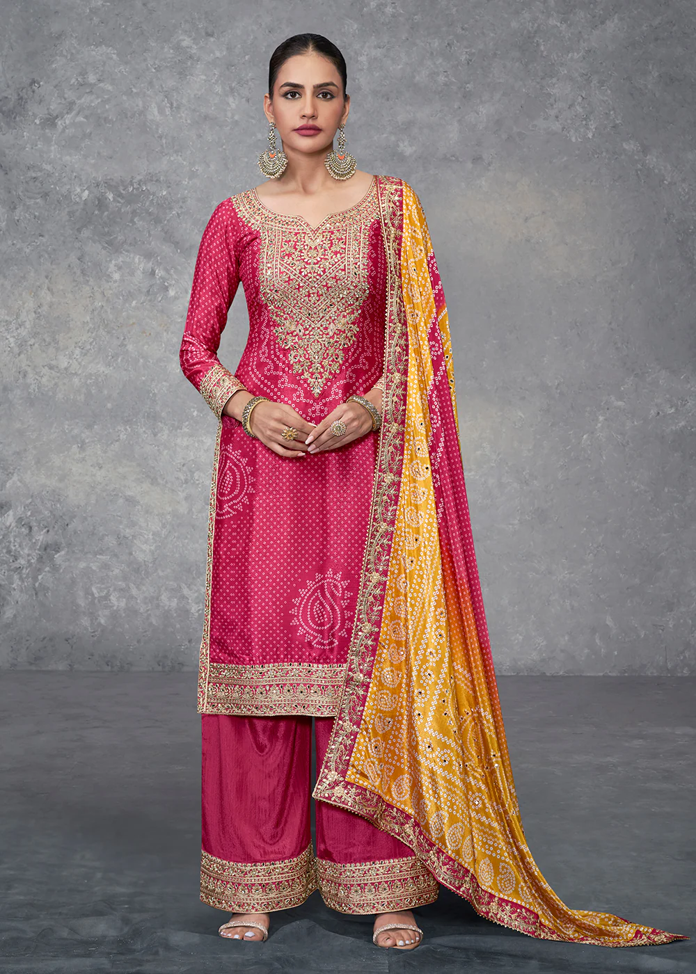 Rani Pink Embroidered Chinnon Wedding Style Palazzo Suit