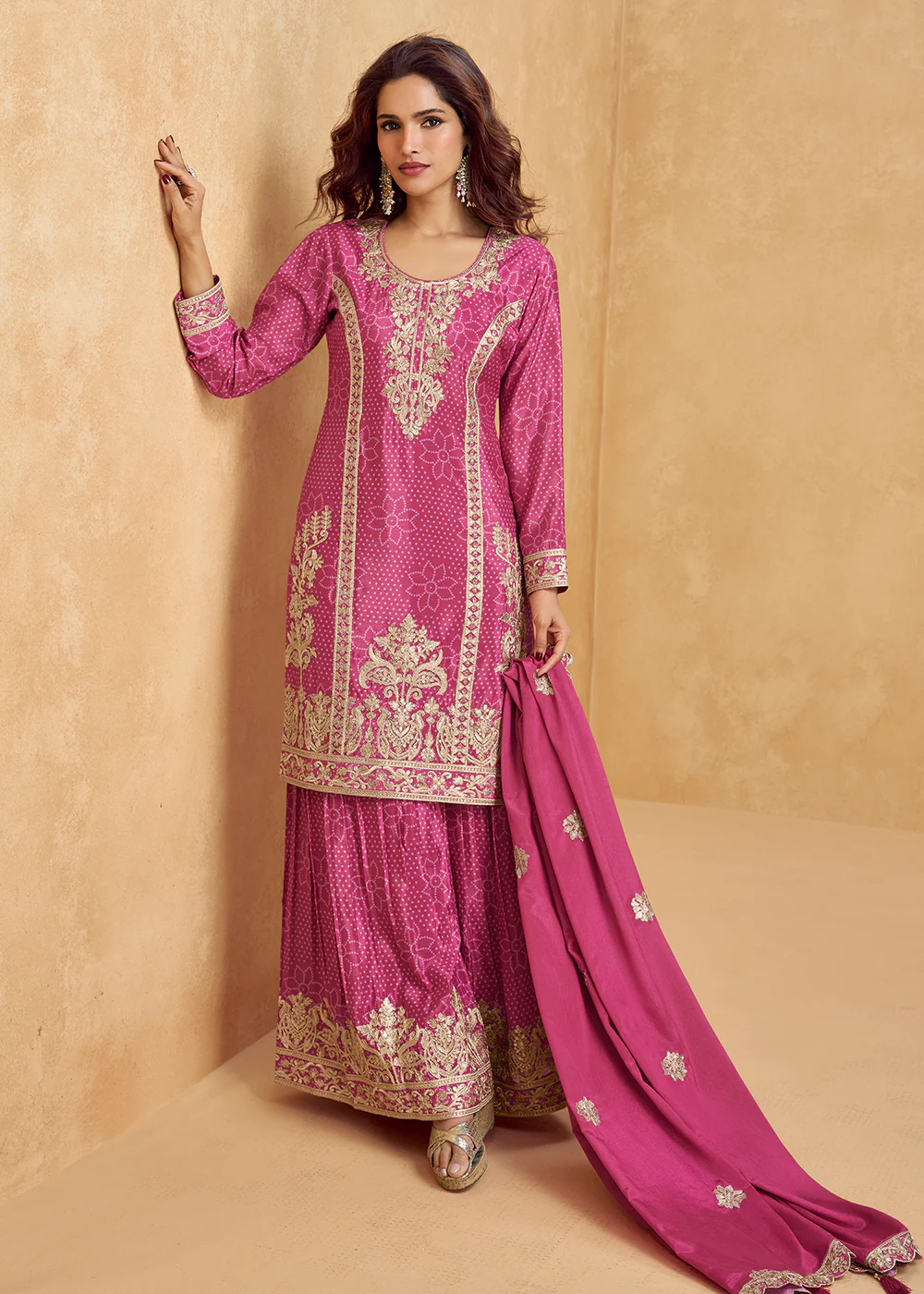 Rani Pink Embroidered Palazzo Dress for Festival & Wedding - Image 3
