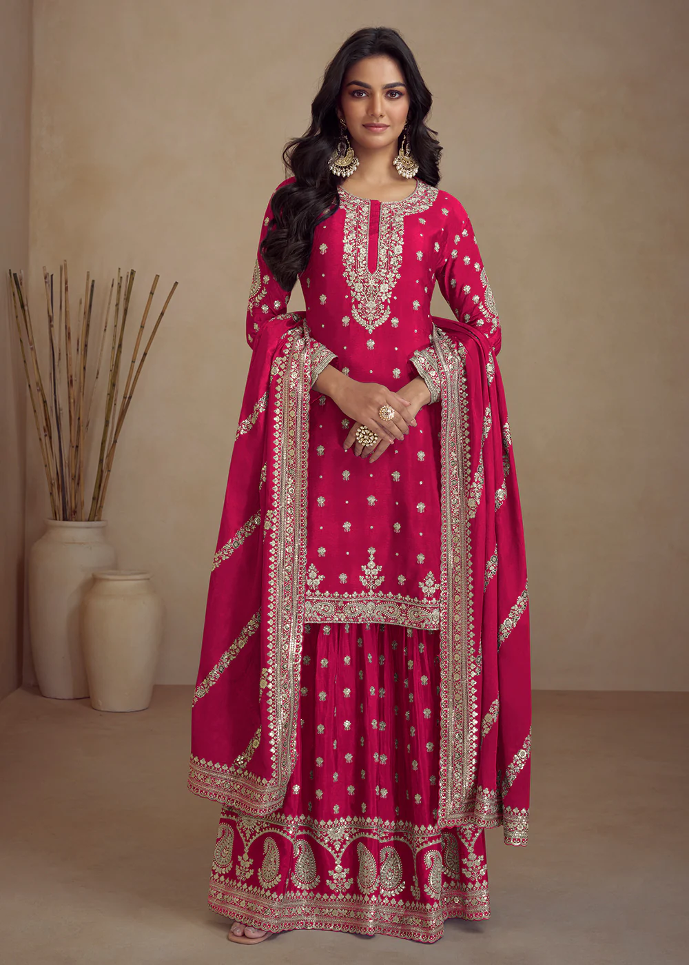 Rani Pink Embroidered Real Chinnon Designer Palazzo Suit