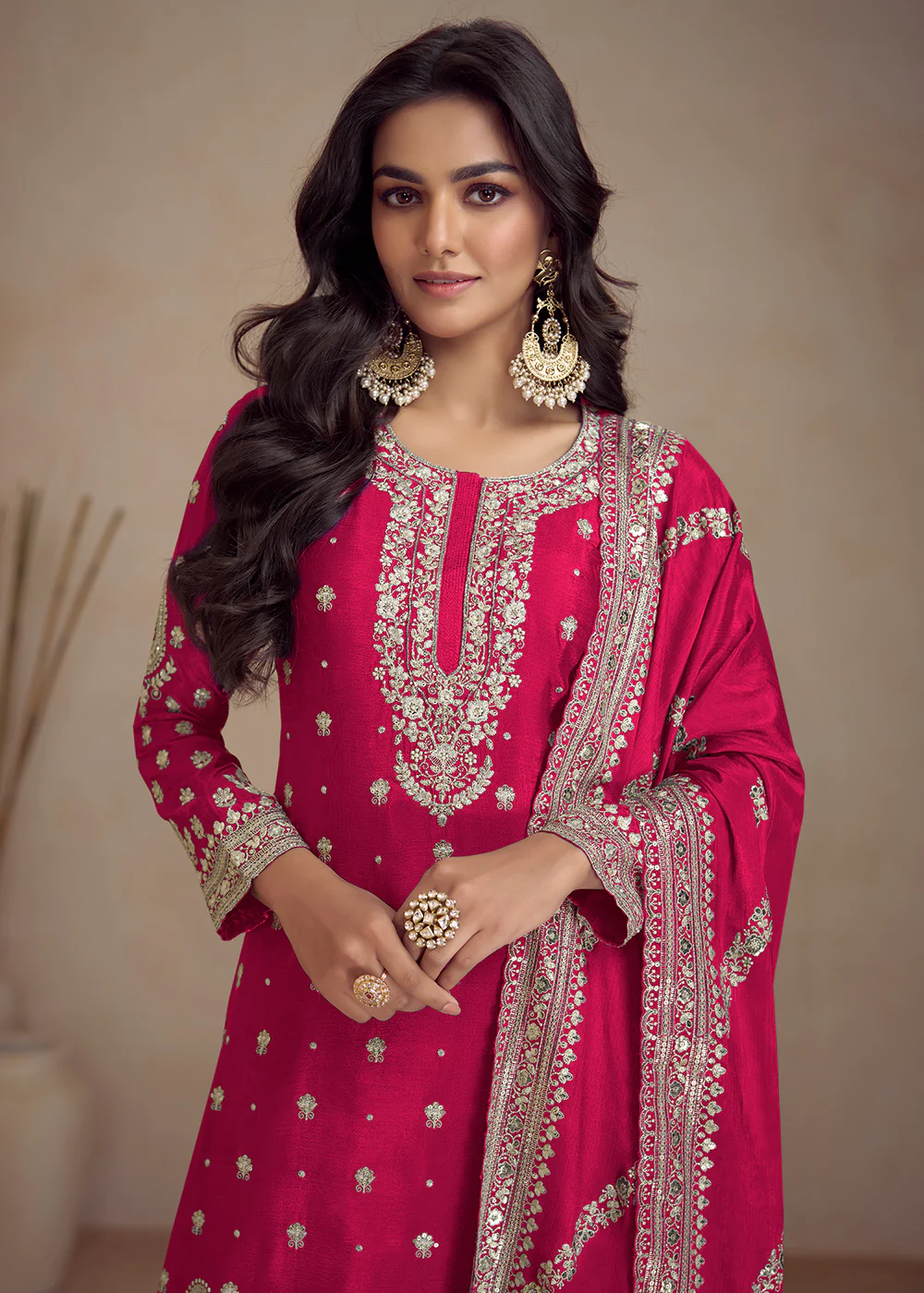 Rani Pink Embroidered Real Chinnon Designer Palazzo Suit - Image 2