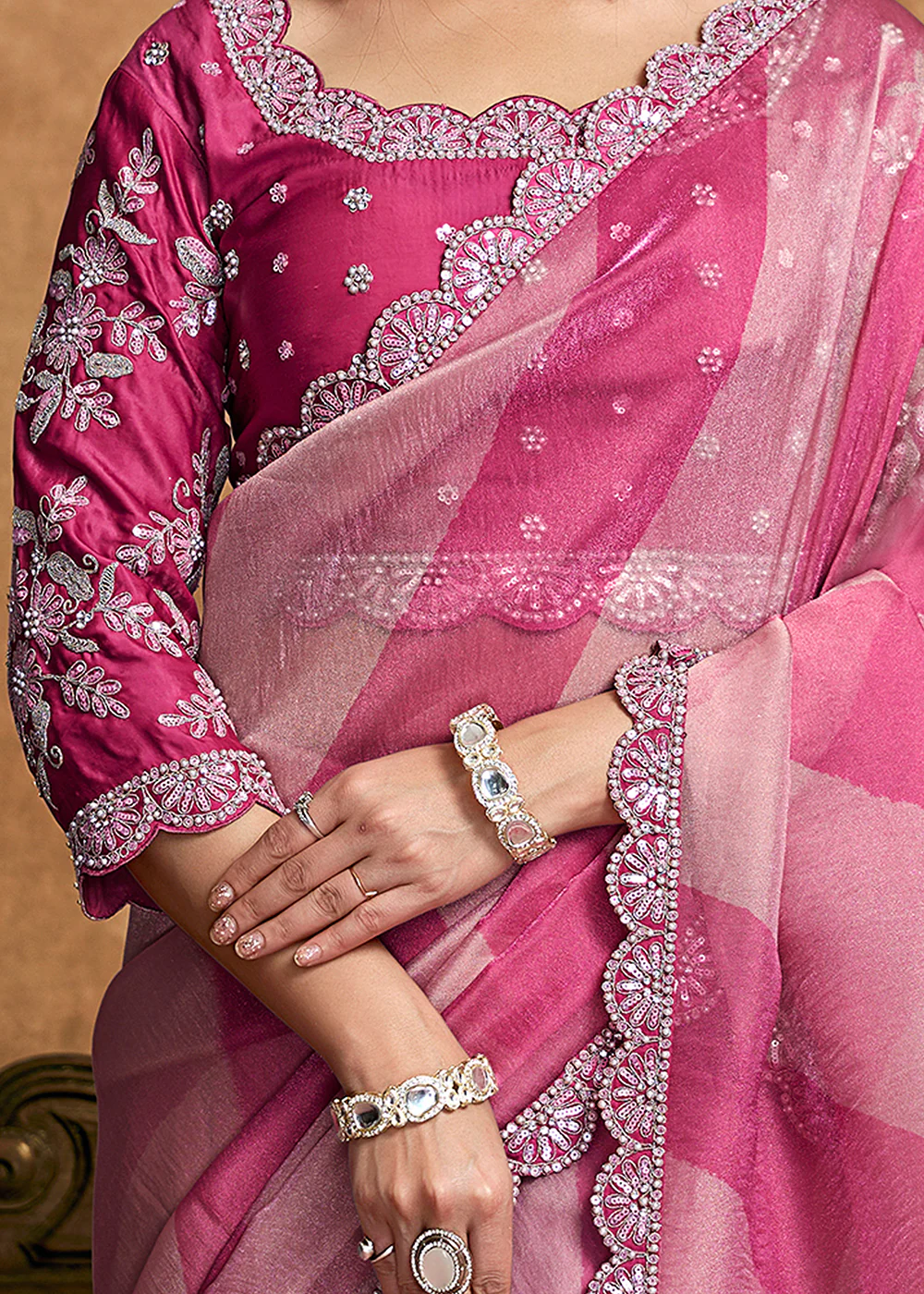 Rani Pink Embroidered Wedding Festive Wear Saree - Image 5