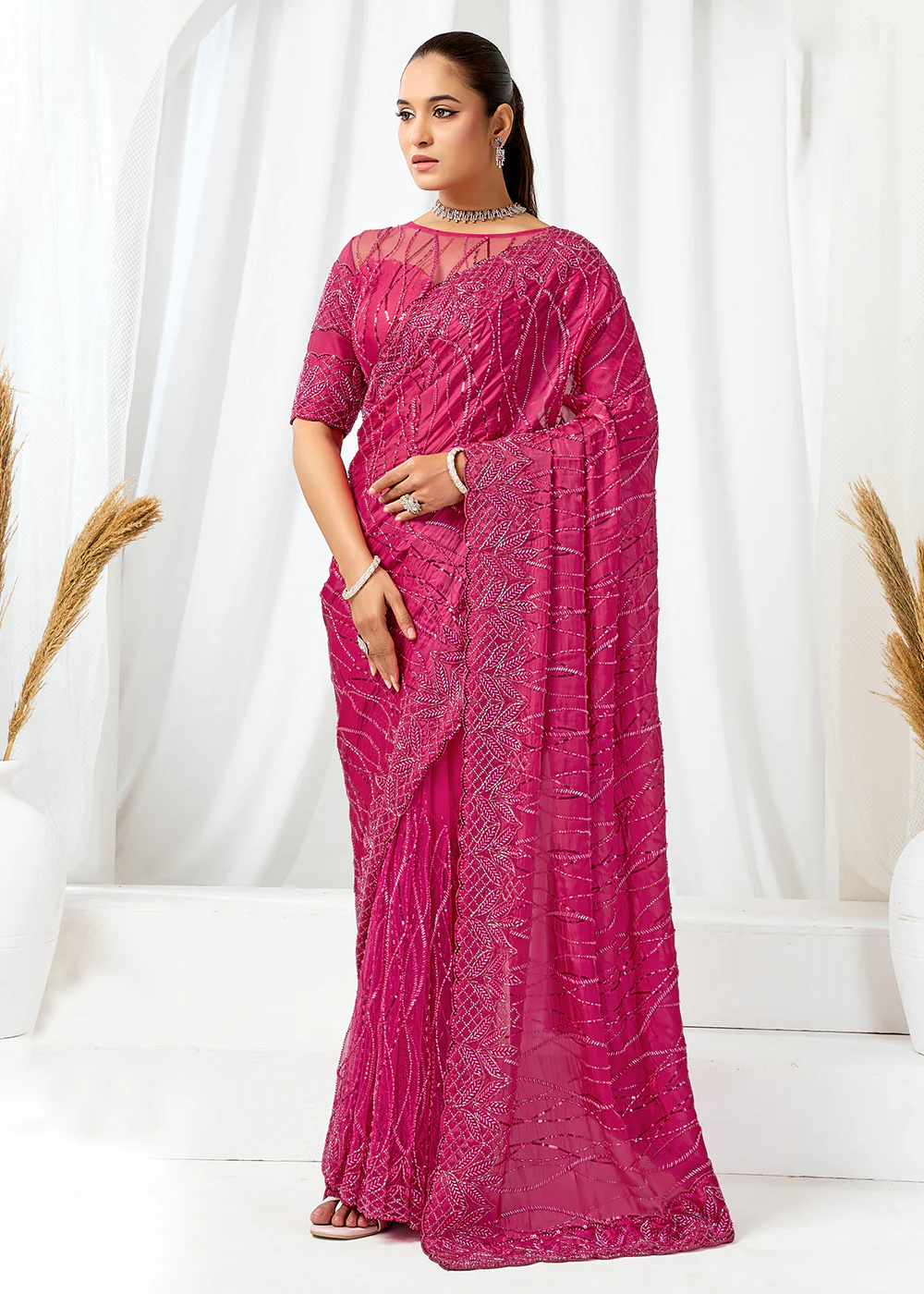 Rani Pink Embroidered Wedding Party Wear Saree