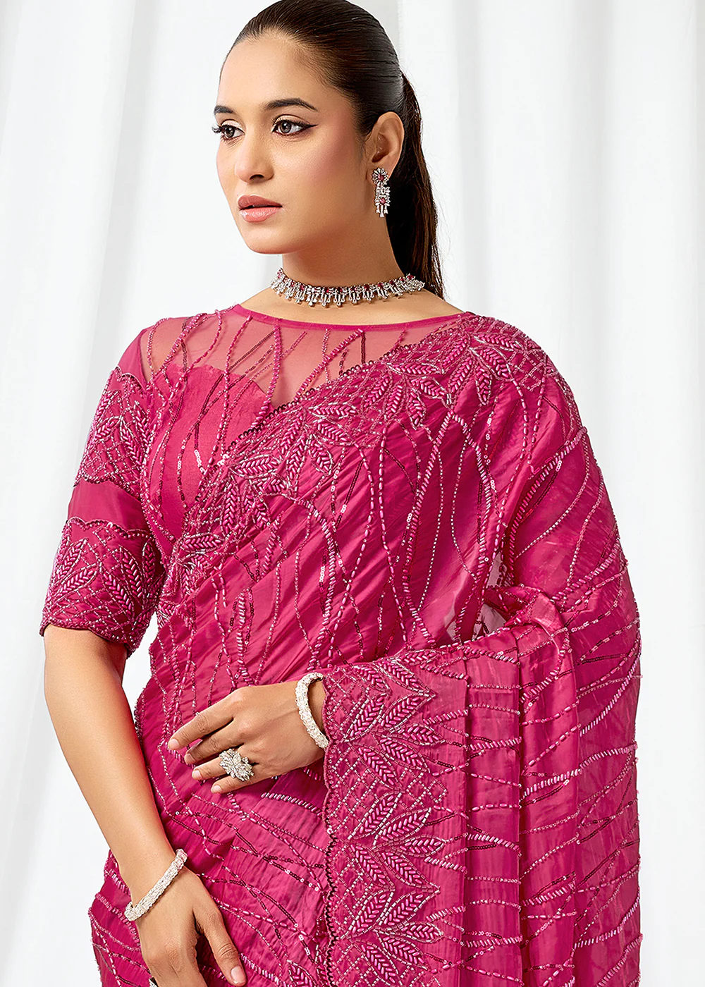 Rani Pink Embroidered Wedding Party Wear Saree - Image 2