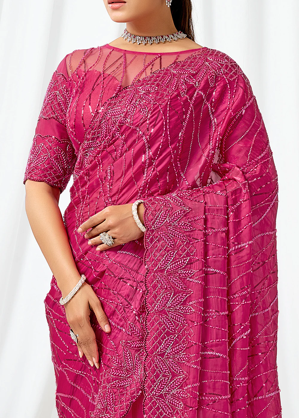 Rani Pink Embroidered Wedding Party Wear Saree - Image 4