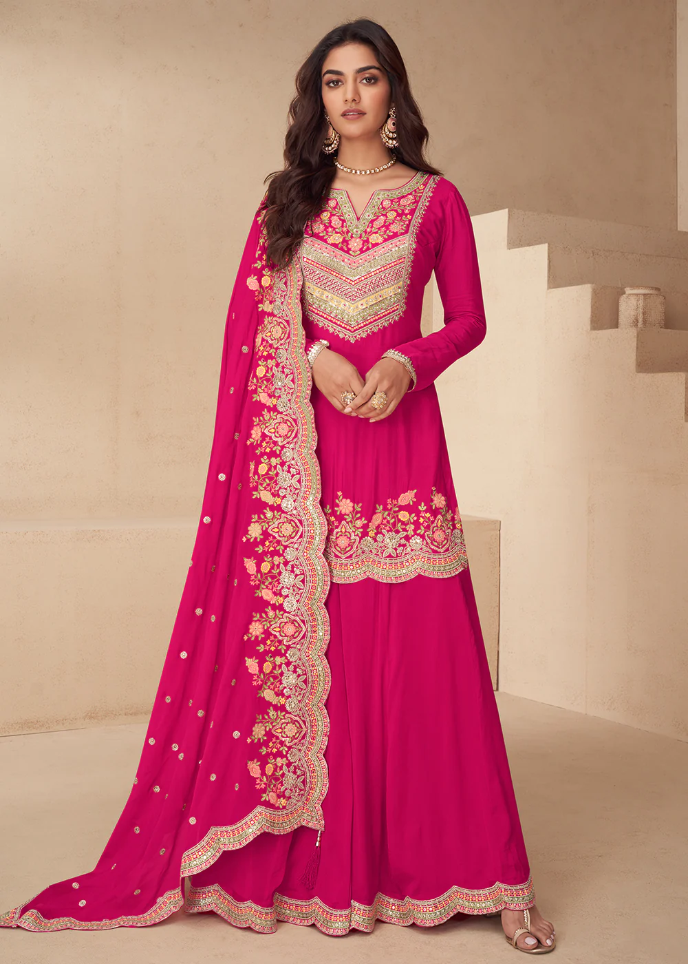 Rani Pink Embroidered Work Festive Style Palazzo Suit