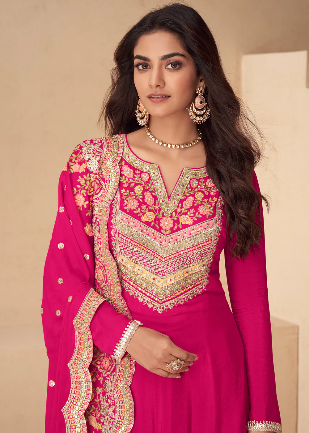 Rani Pink Embroidered Work Festive Style Palazzo Suit - Image 2