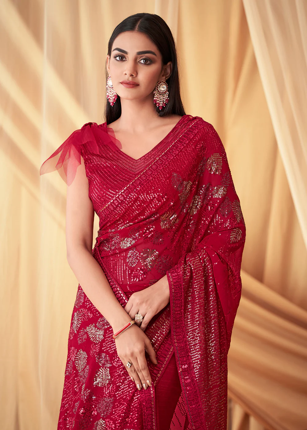 Rani Pink Georgette Embroidered Festive Party Saree - Image 2