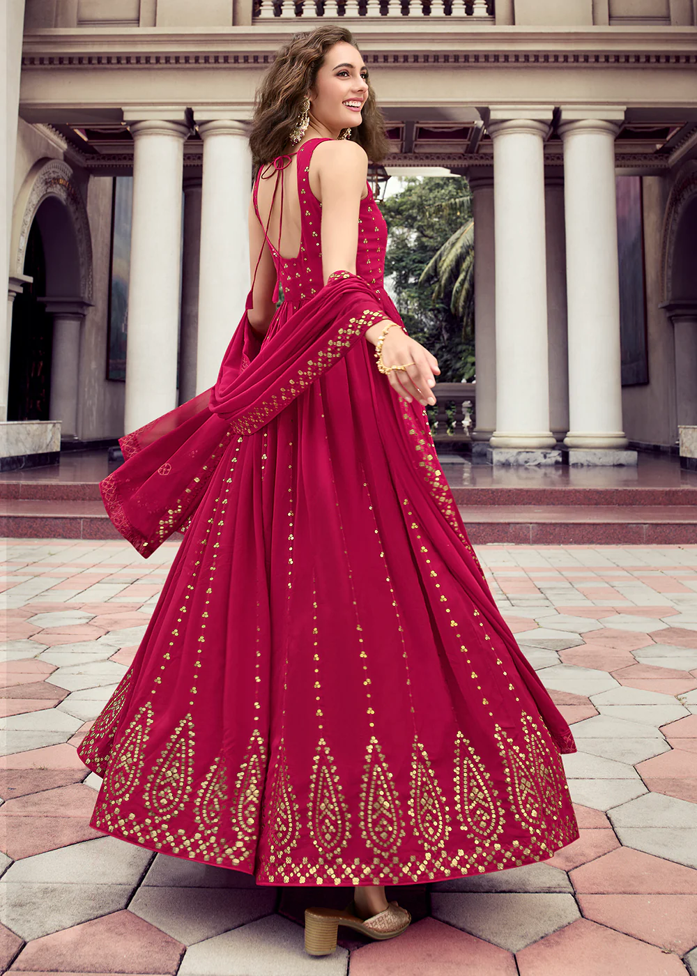 Rani Pink Georgette Thread & Sequins Wedding Party Gown - Image 3