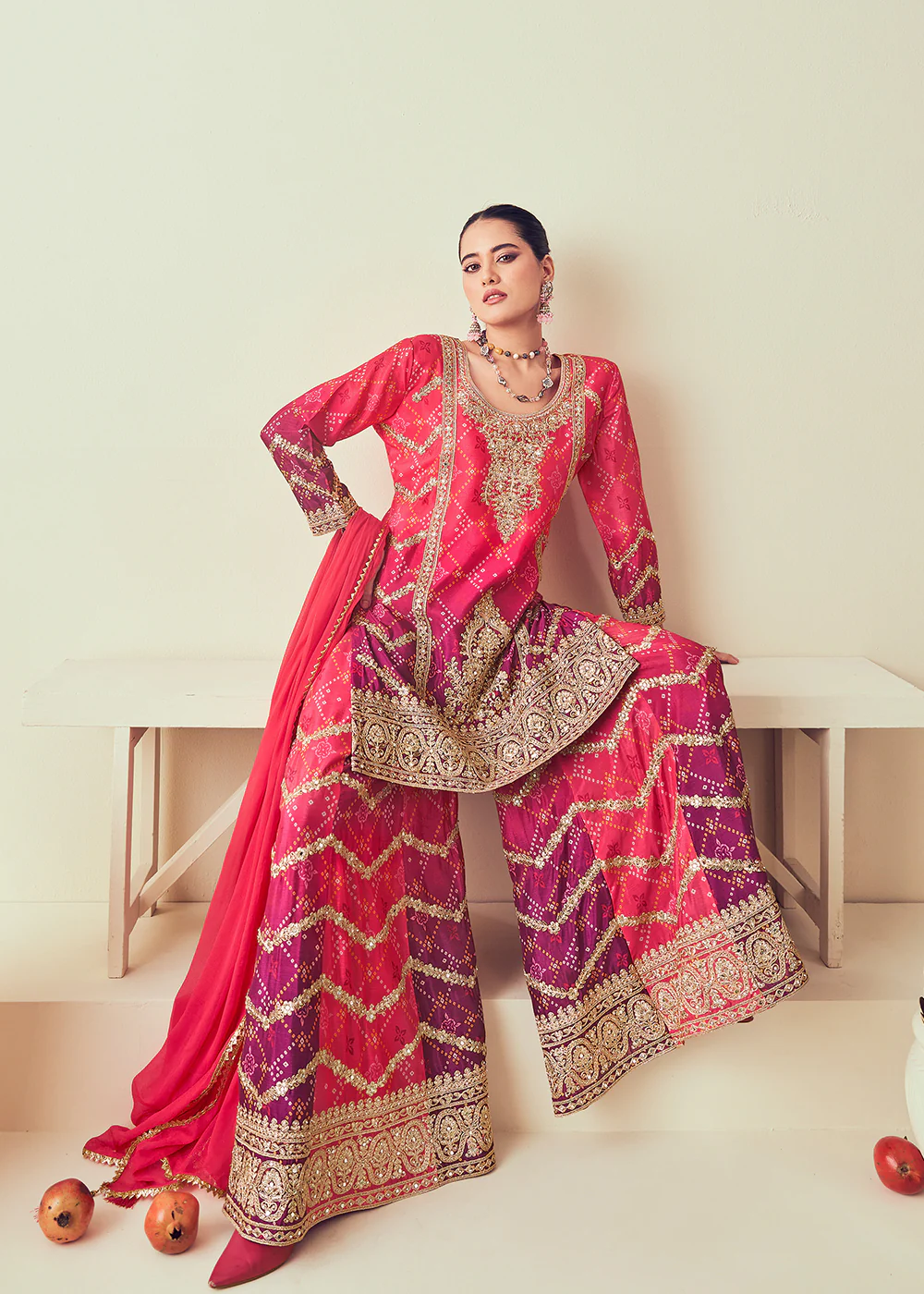 Rani Pink Heavy Embroidered Designer Palazzo Dress - Image 2