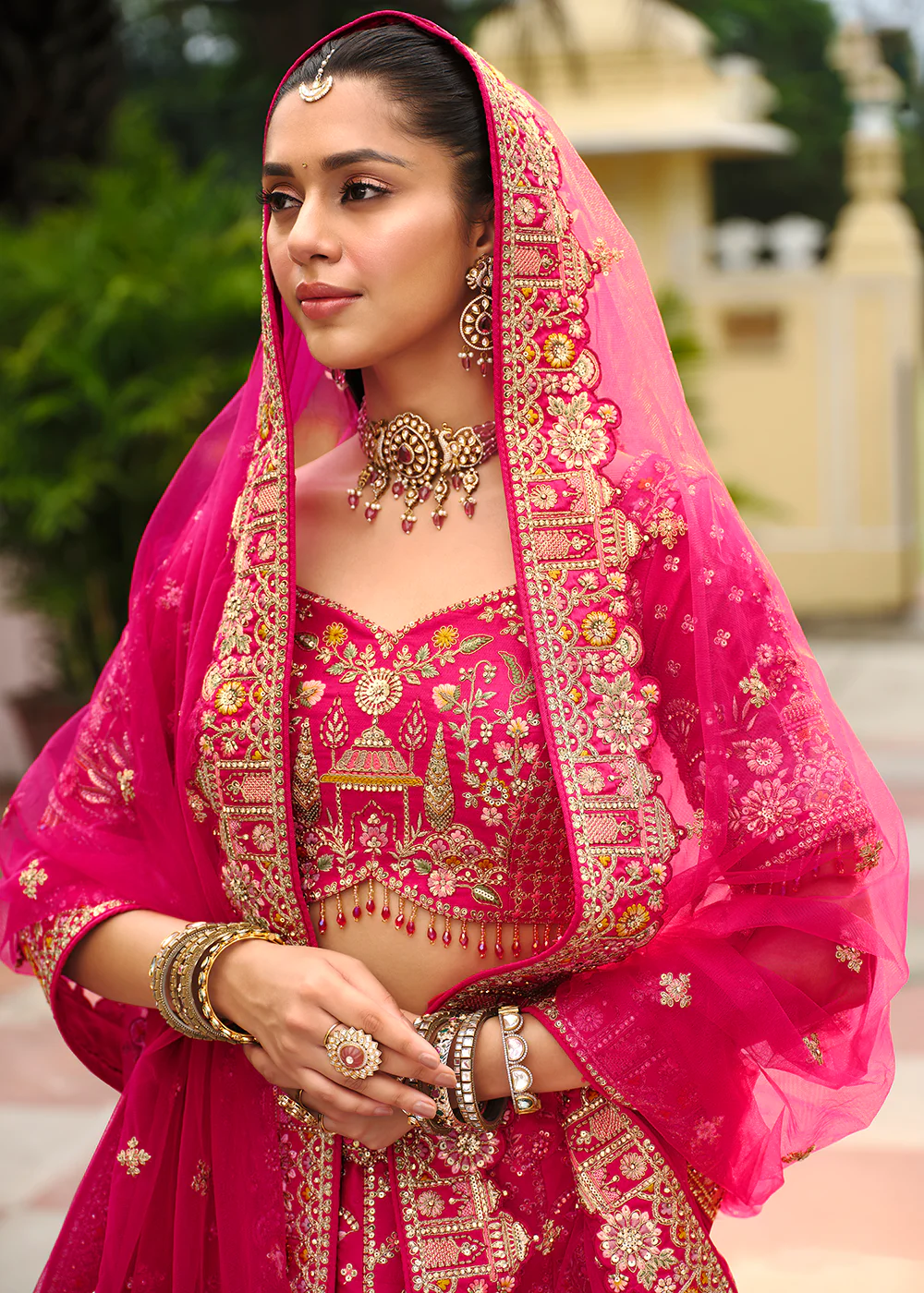 Rani Pink Khatli Embroidered Silk Bridal Lehenag Choli - Image 2