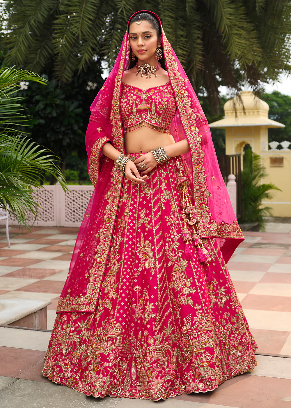 Rani Pink Khatli Embroidered Silk Bridal Lehenag Choli - Image 3