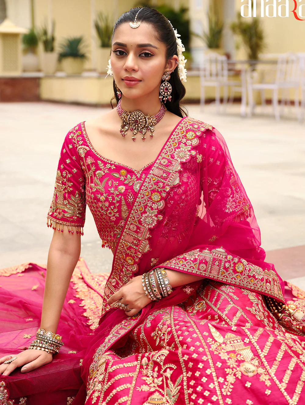 Rani Pink Khatli Embroidered Silk Bridal Lehenag Choli - Image 4