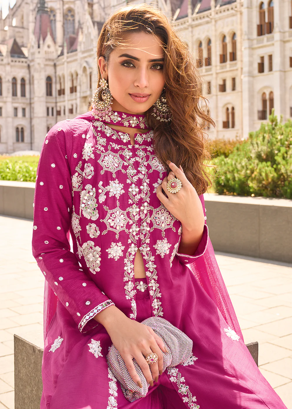 Rani Pink Long Top Style Party Style Palazzo Suit - Image 4