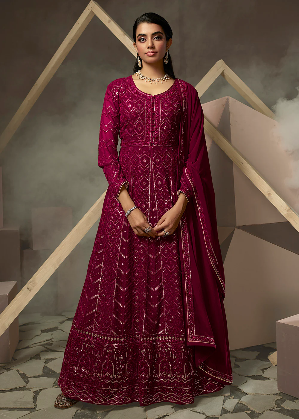 Rani Pink Lucknowi Style Embroidered Georgette Gown