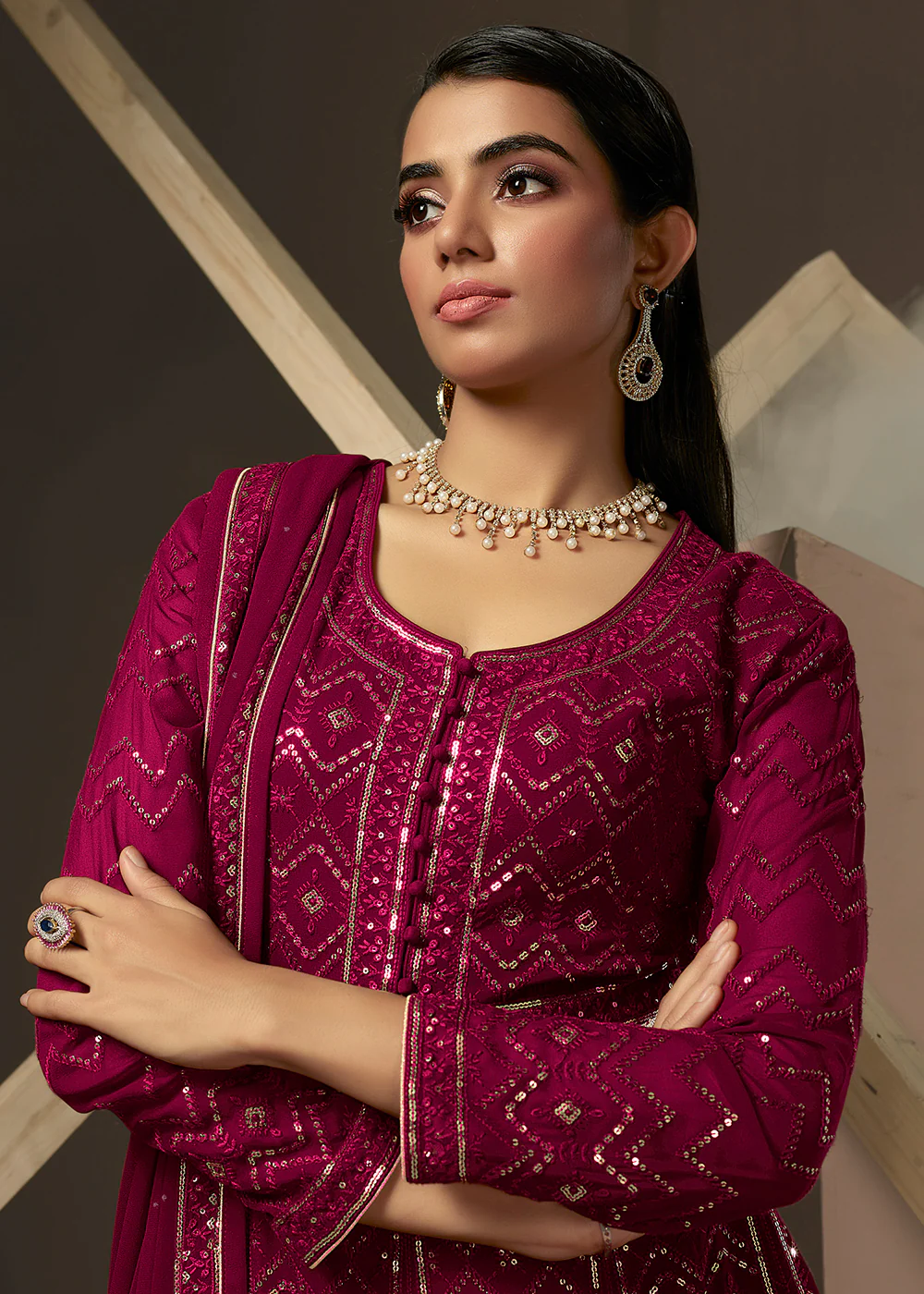 Rani Pink Lucknowi Style Embroidered Georgette Gown - Image 2