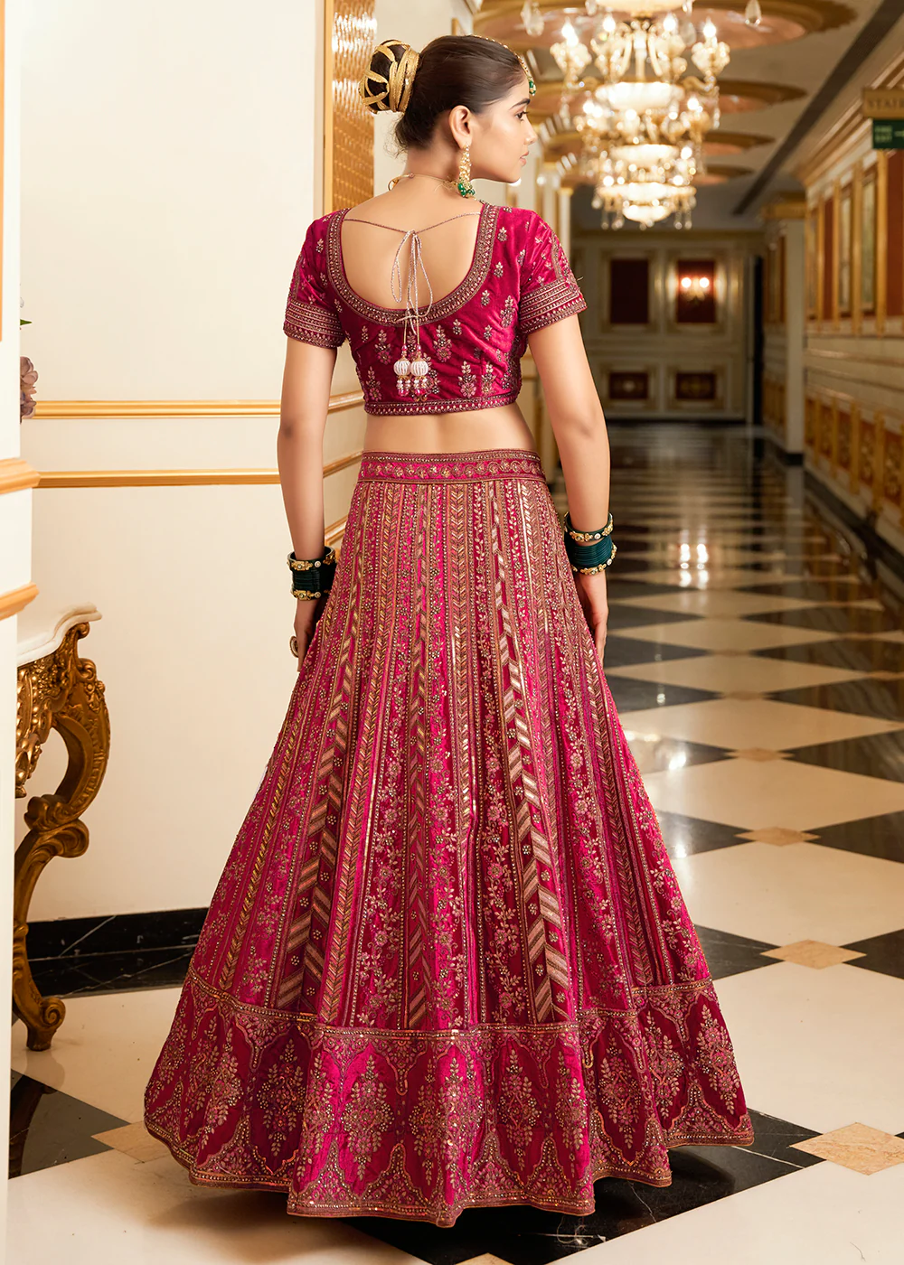 Rani Pink Lycra Velvet Embroidered Designer Lehenga Choli - Image 3