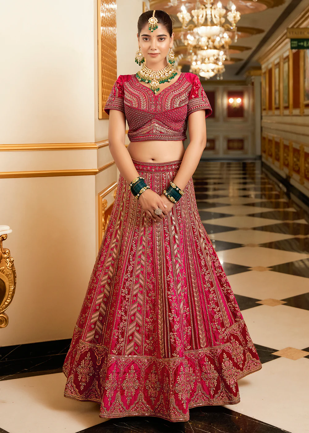 Rani Pink Lycra Velvet Embroidered Designer Lehenga Choli - Image 4
