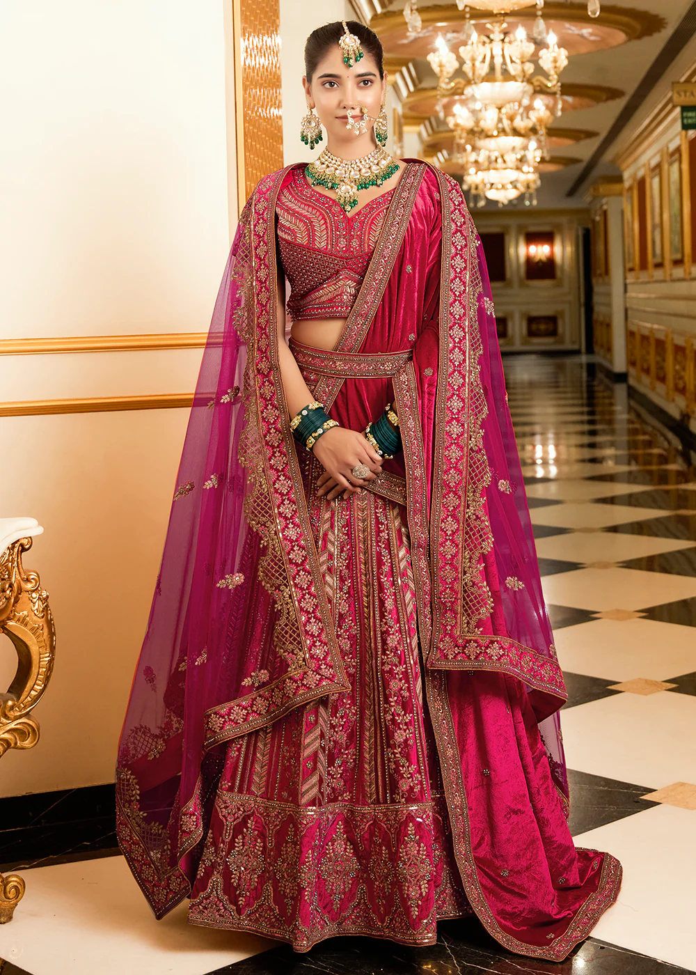 Rani Pink Lycra Velvet Embroidered Designer Lehenga Choli - Image 5