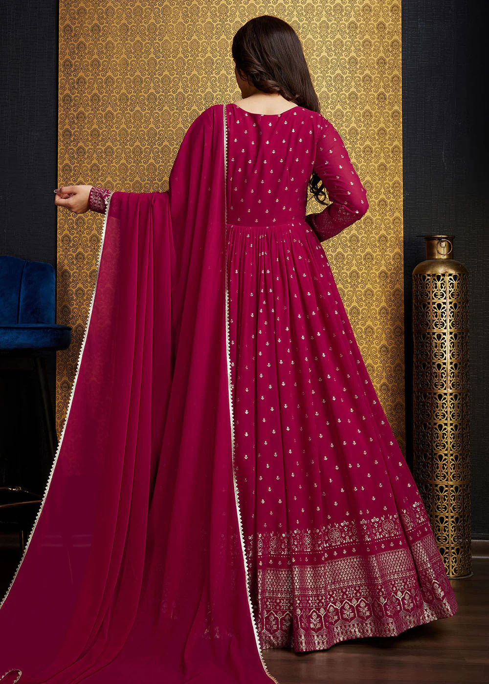 Rani Pink Metalic Foil Work Embroidered Wedding Wear Gown - Image 3
