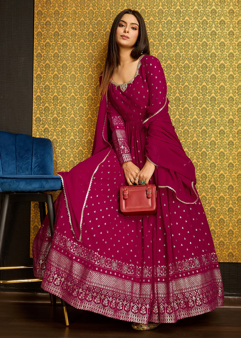 Rani Pink Metalic Foil Work Embroidered Wedding Wear Gown - Image 4