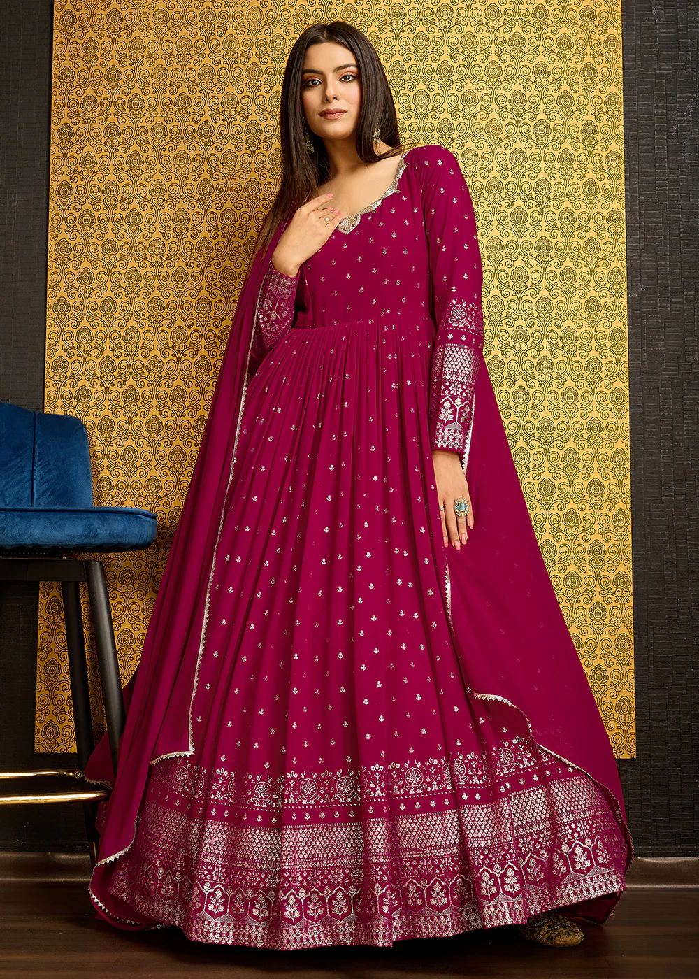 Rani Pink Metalic Foil Work Embroidered Wedding Wear Gown - Image 5