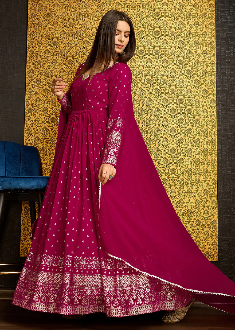 Rani Pink Metalic Foil Work Embroidered Wedding Wear Gown - Image 6