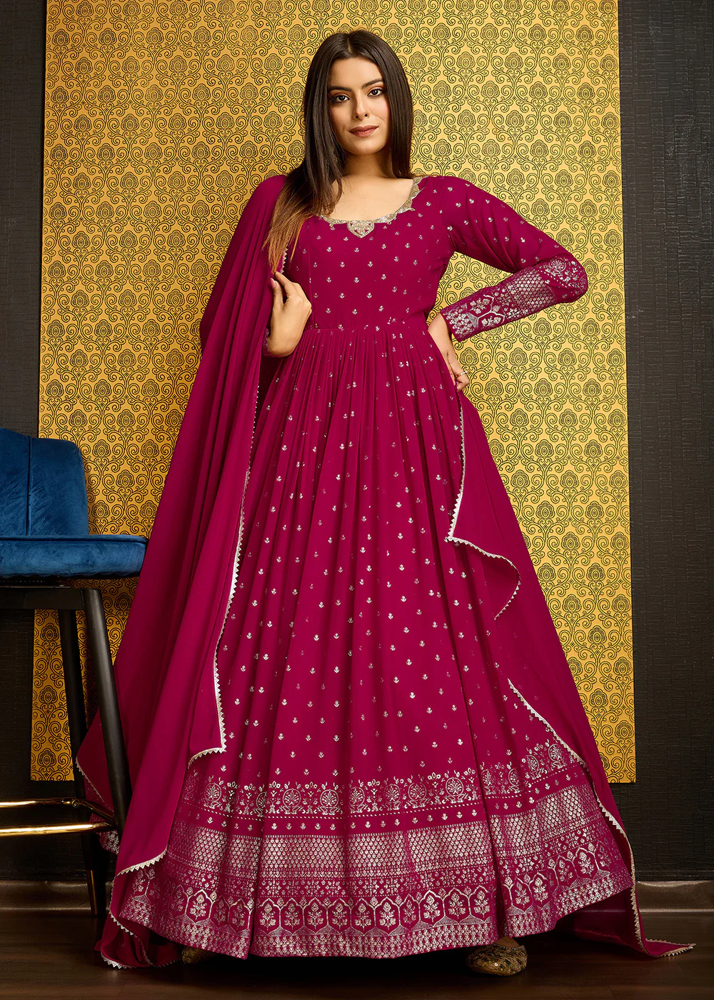 Rani Pink Metalic Foil Work Embroidered Wedding Wear Gown - Image 7
