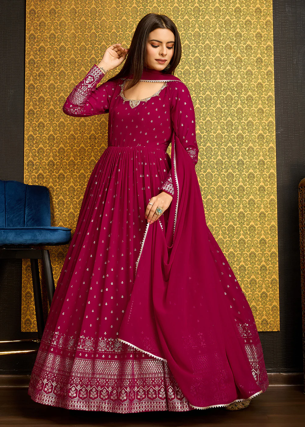 Rani Pink Metalic Foil Work Embroidered Wedding Wear Gown - Image 8