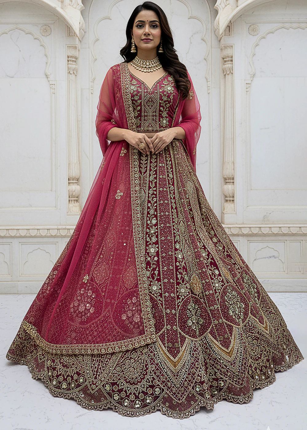 Rani Pink Organza Embroidered Designer Lehenga Set