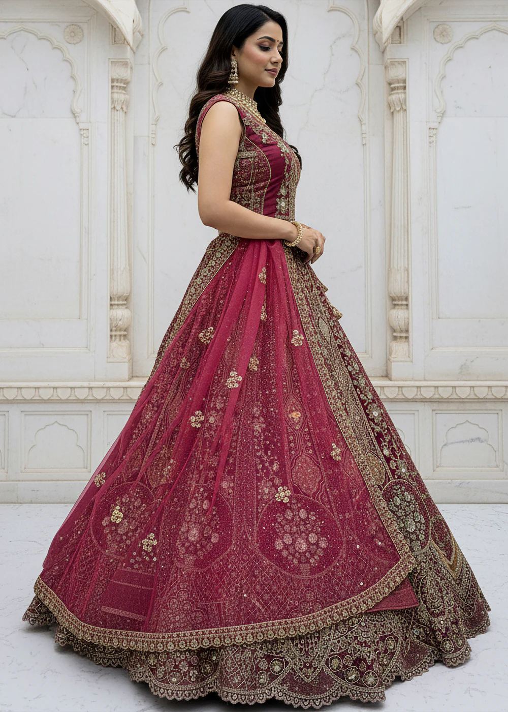 Rani Pink Organza Embroidered Designer Lehenga Set - Image 4