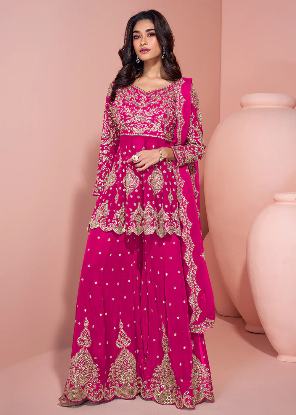 Rani Pink Palazzo Style Embroidered Festive Style Suit