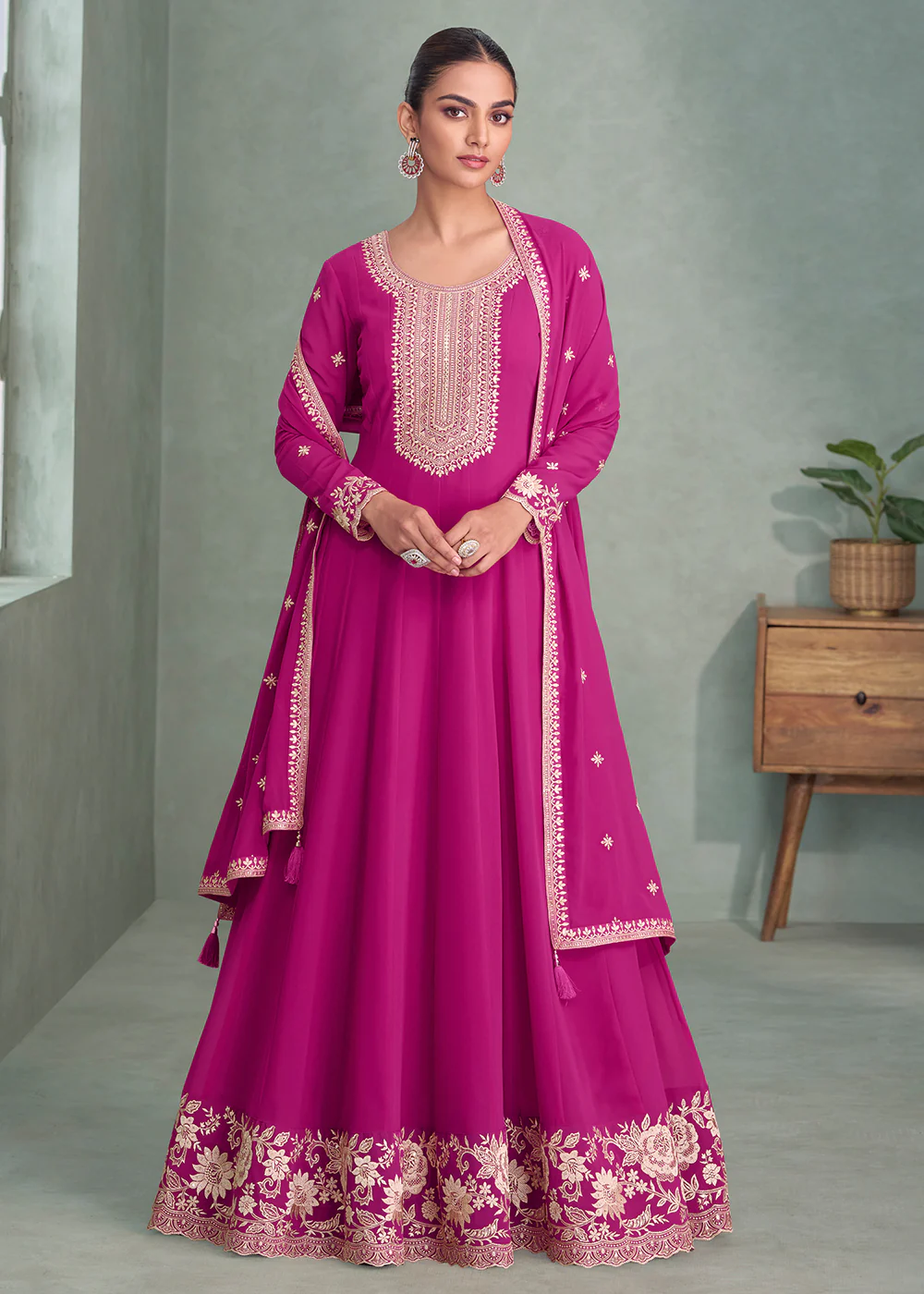 Rani Pink Real Georgette Embroidered Festive Anarkali Suit