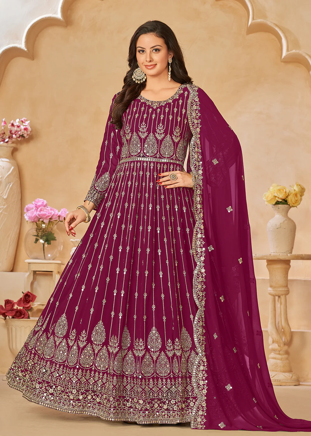 Rani Pink Resham Zari Embroidered Festive Anarkali Suit - Image 3
