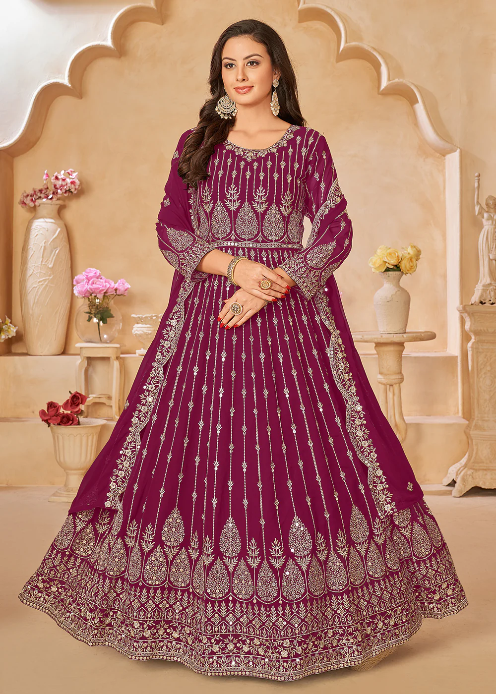 Rani Pink Resham Zari Embroidered Festive Anarkali Suit - Image 4