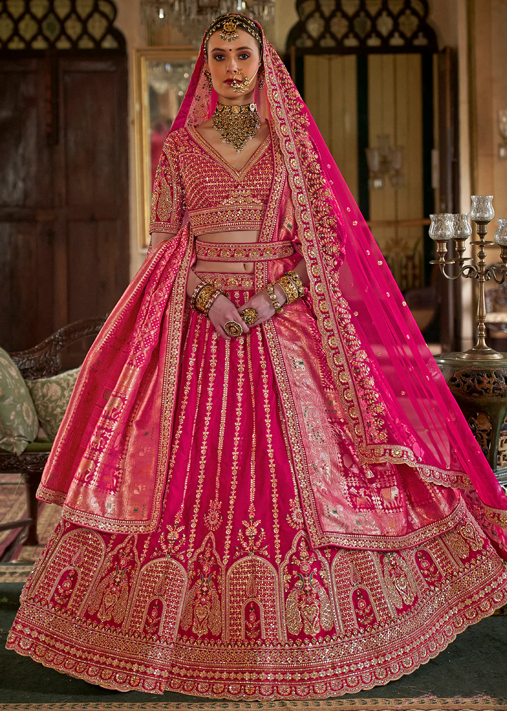 Rani Pink Sabyasachi Inspired Bridal Silk Lehenga Choli