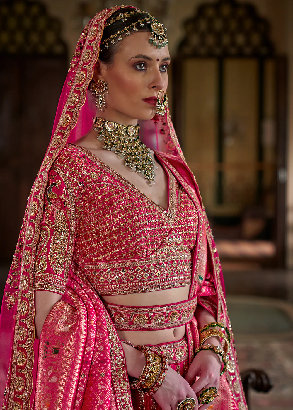 Rani Pink Sabyasachi Inspired Bridal Silk Lehenga Choli - Image 2