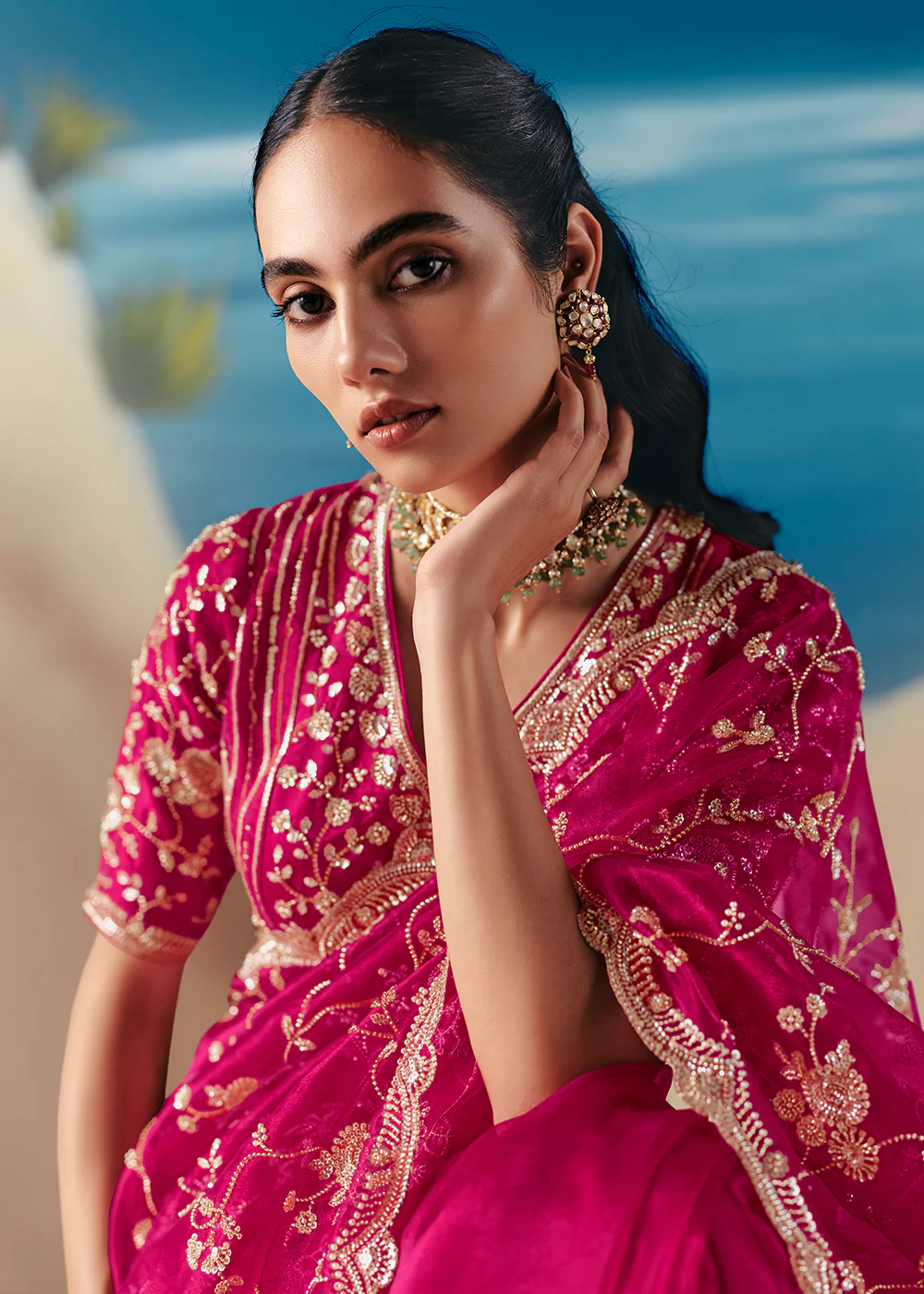 Rani Pink Satin Organza Fancy Designer Saree - Image 2