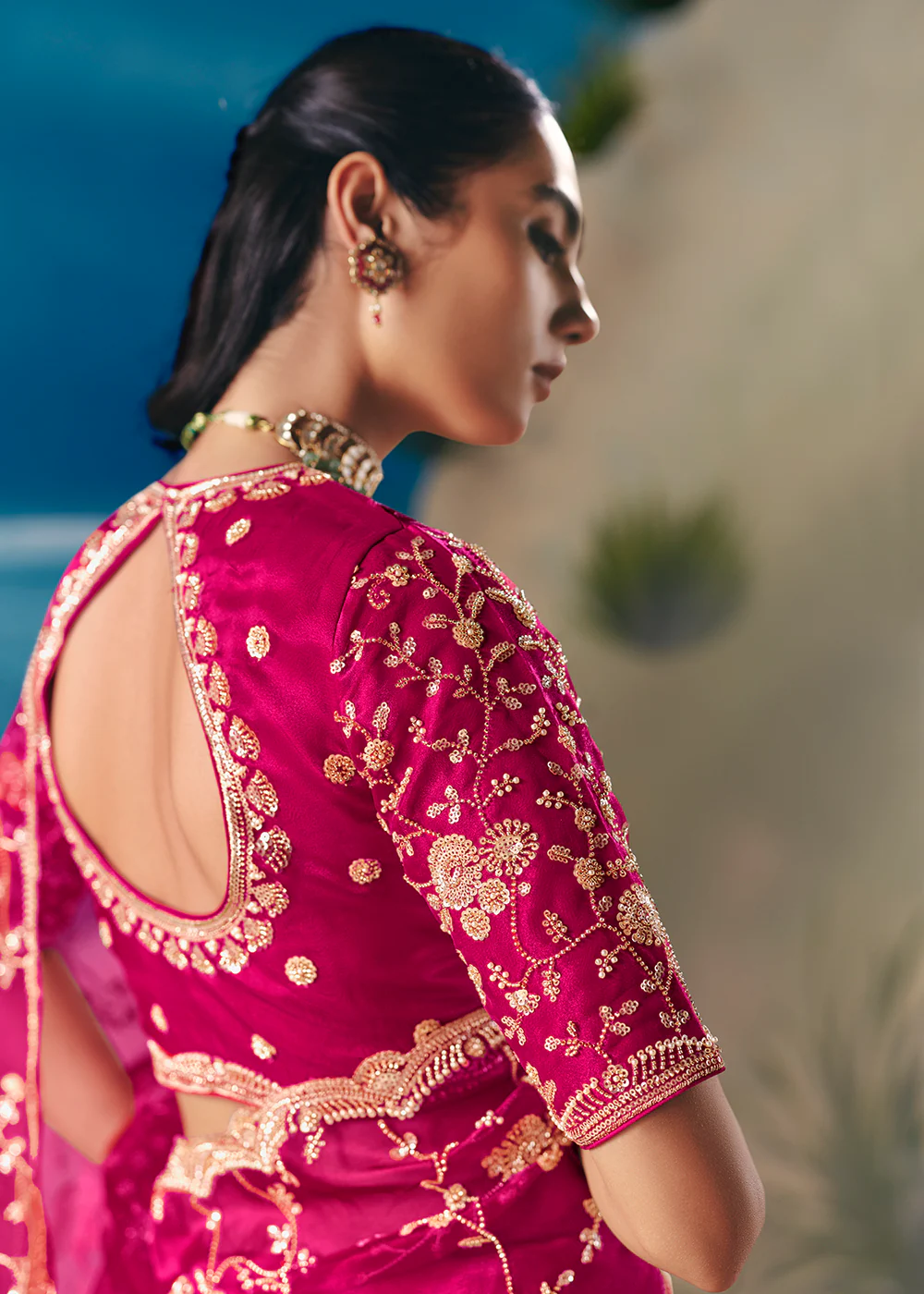 Rani Pink Satin Organza Fancy Designer Saree - Image 3