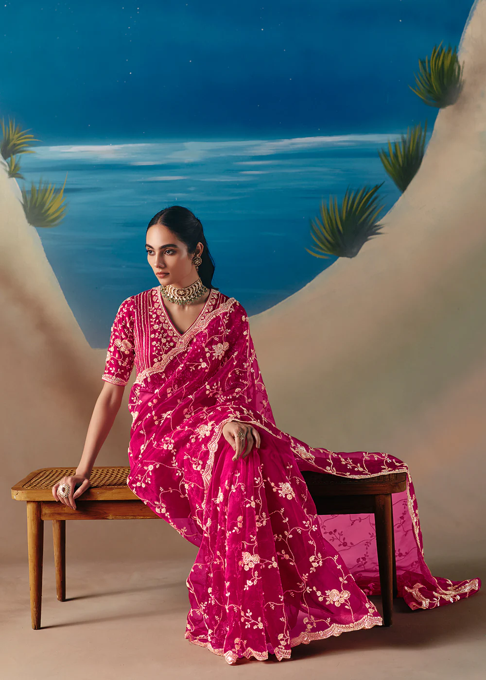 Rani Pink Satin Organza Fancy Designer Saree - Image 4