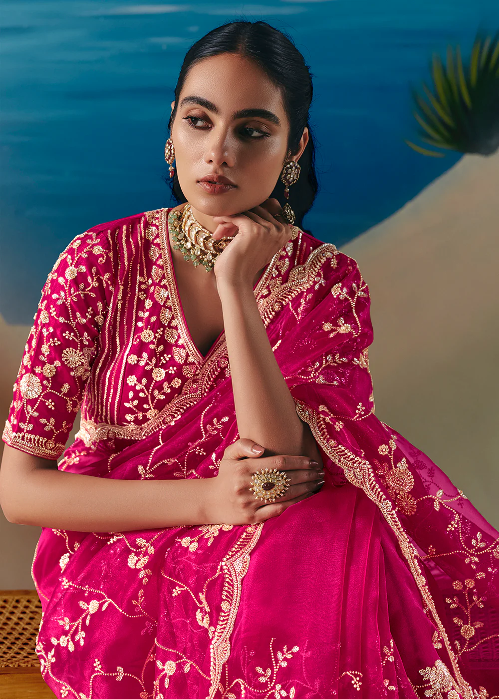 Rani Pink Satin Organza Fancy Designer Saree - Image 5