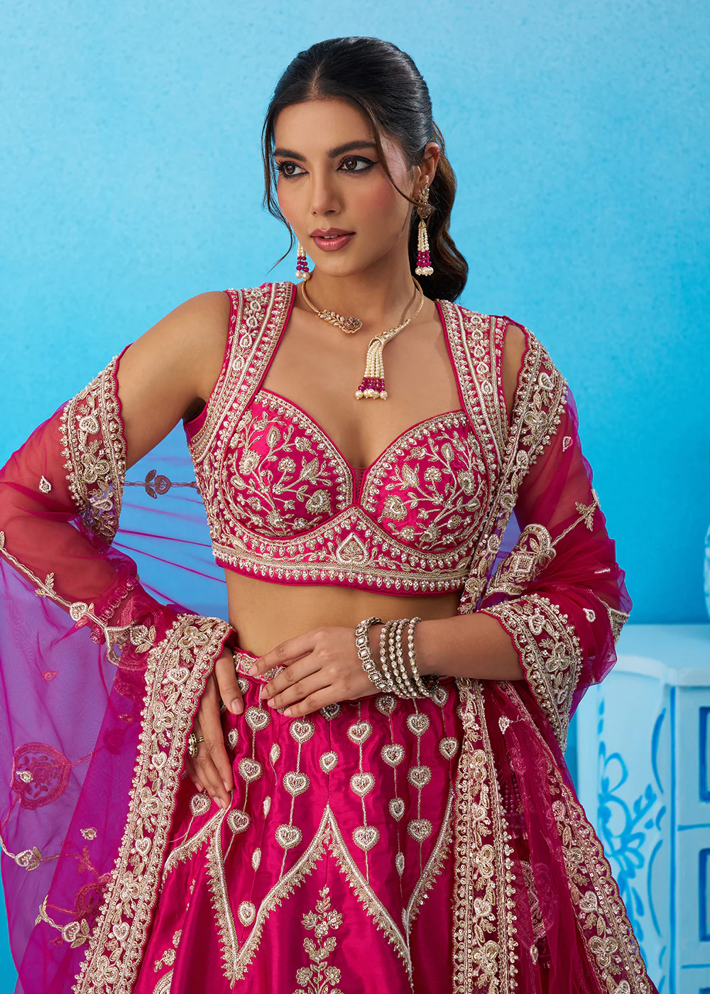 Rani Pink Silk Cording Threads Designer Lehenga Choli - Image 2
