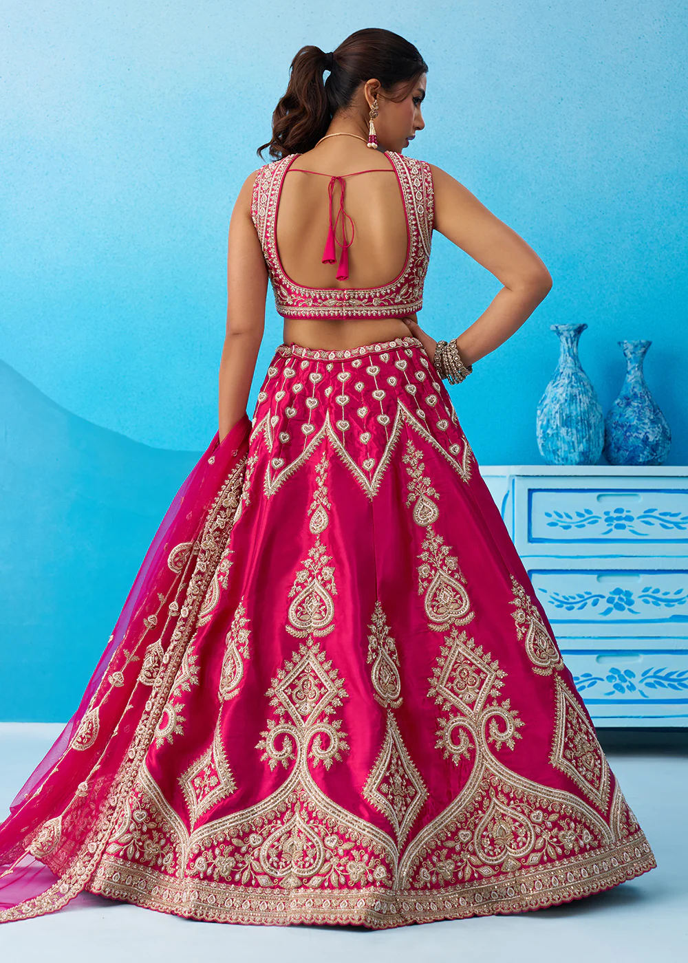Rani Pink Silk Cording Threads Designer Lehenga Choli - Image 3