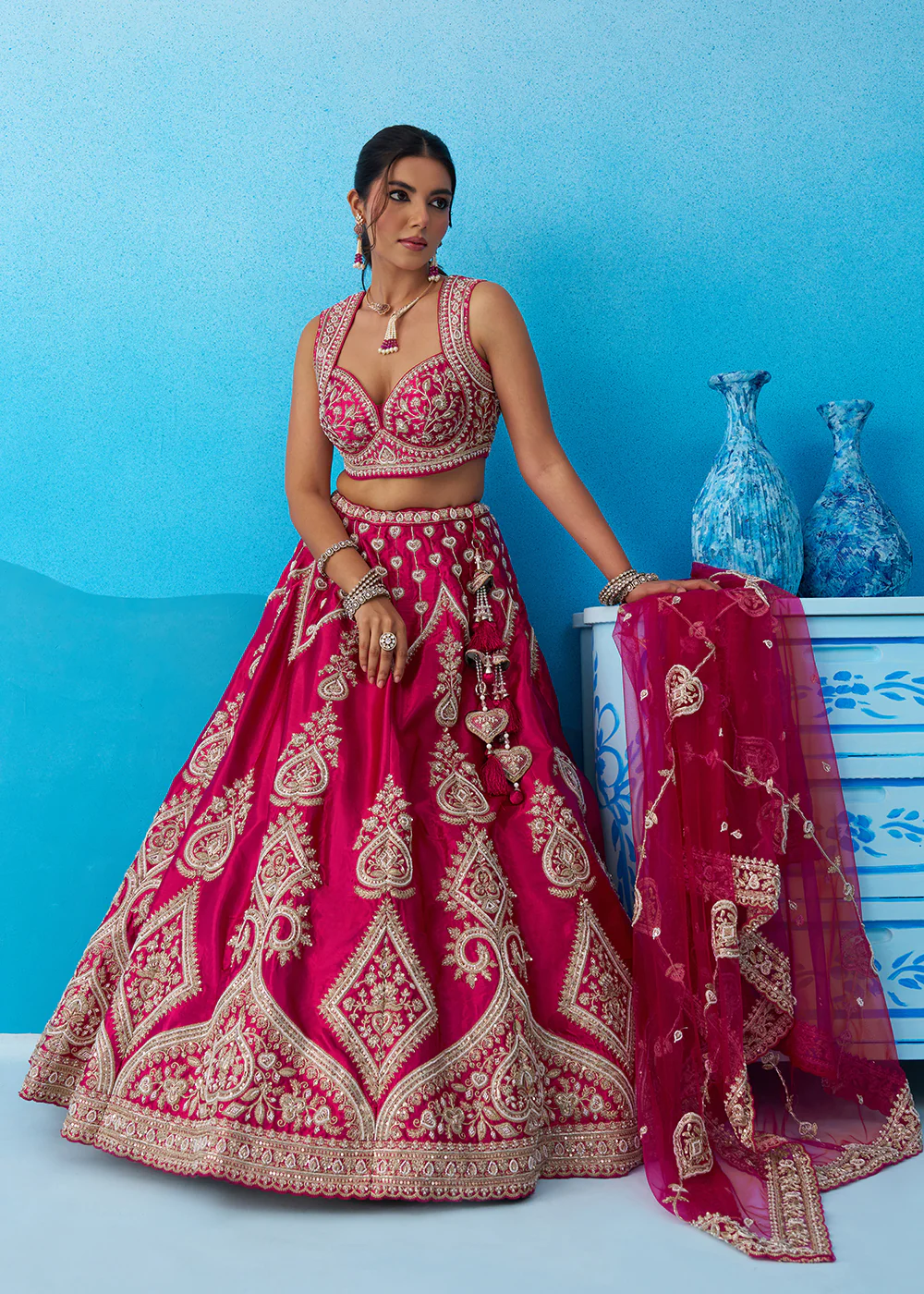 Rani Pink Silk Cording Threads Designer Lehenga Choli - Image 4