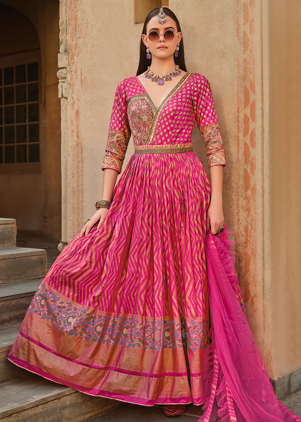Rani Pink Silk Foil Printed & Embroidered Traditional Gown