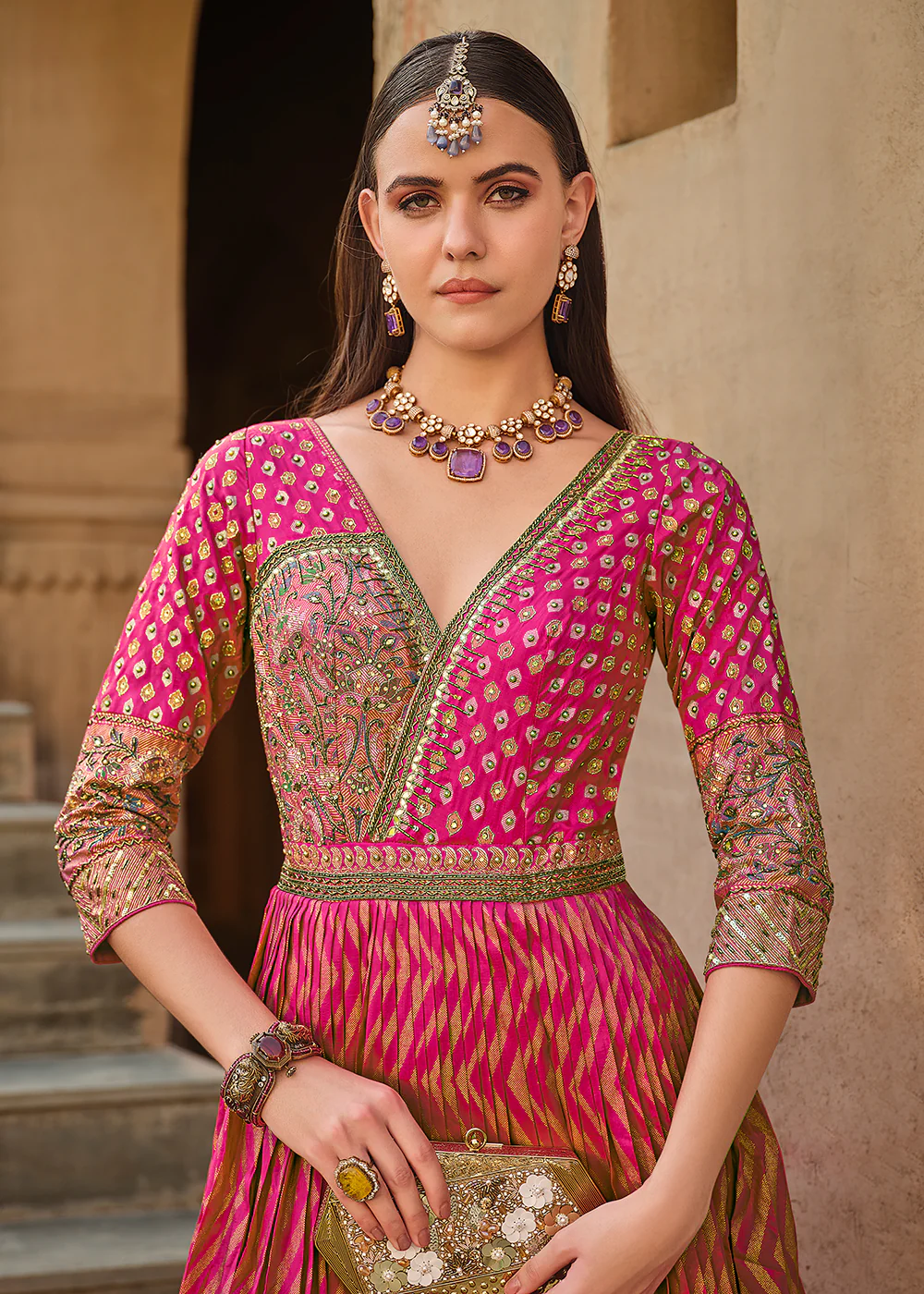 Rani Pink Silk Foil Printed & Embroidered Traditional Gown - Image 2