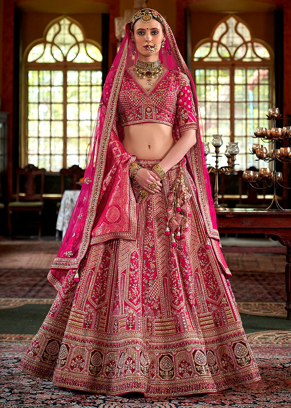 Rani Pink Silk Heavily Embroidered Bridal Lehenga Choli