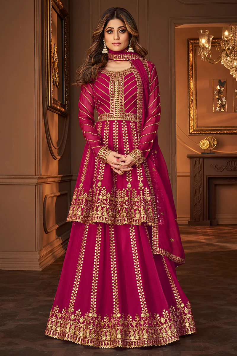 Rani Pink Skirt Style Embroidered Georgette Lehenga Suit