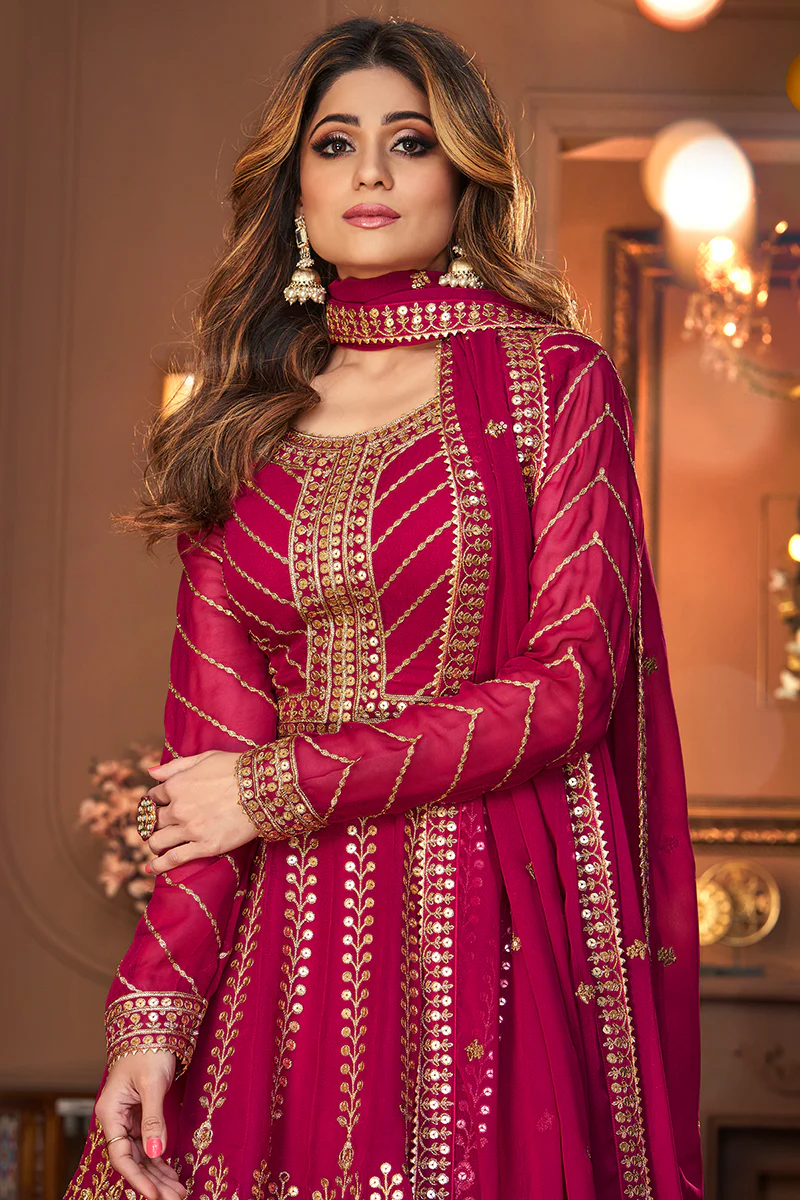 Rani Pink Skirt Style Embroidered Georgette Lehenga Suit - Image 3